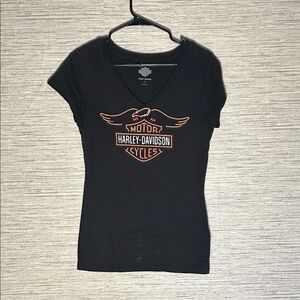 Y2K Harley-Davidson Black V-Neck Tee with Orange Logo, M (211)